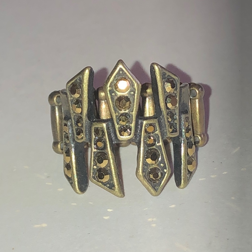 Antique Gold Tone Brass Tone Geometric Rhinestone Stretch Ring